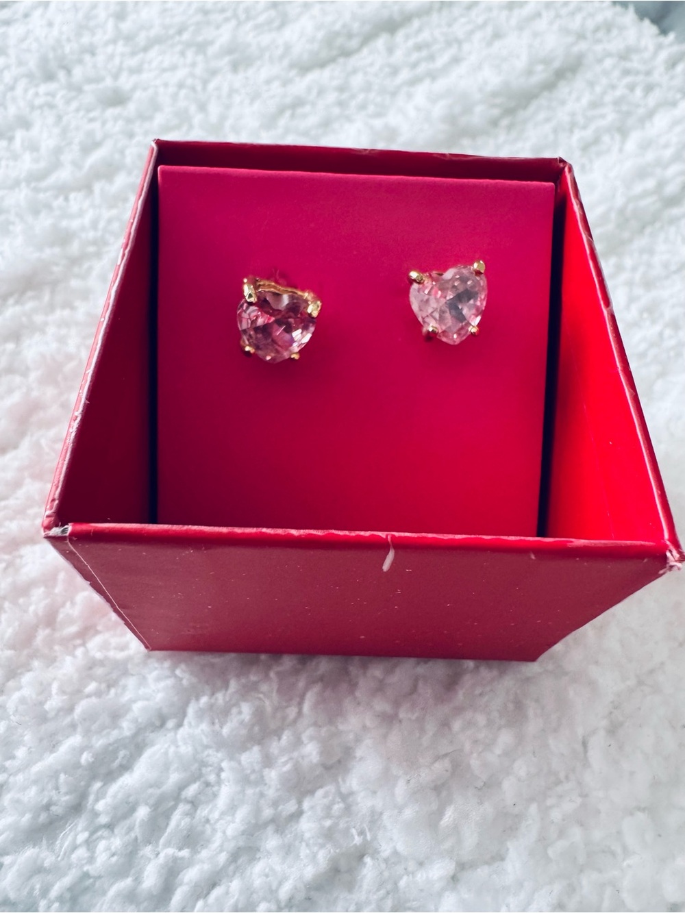 Avon Pink Heart Crystal Stud Earrings in Gold Tone
